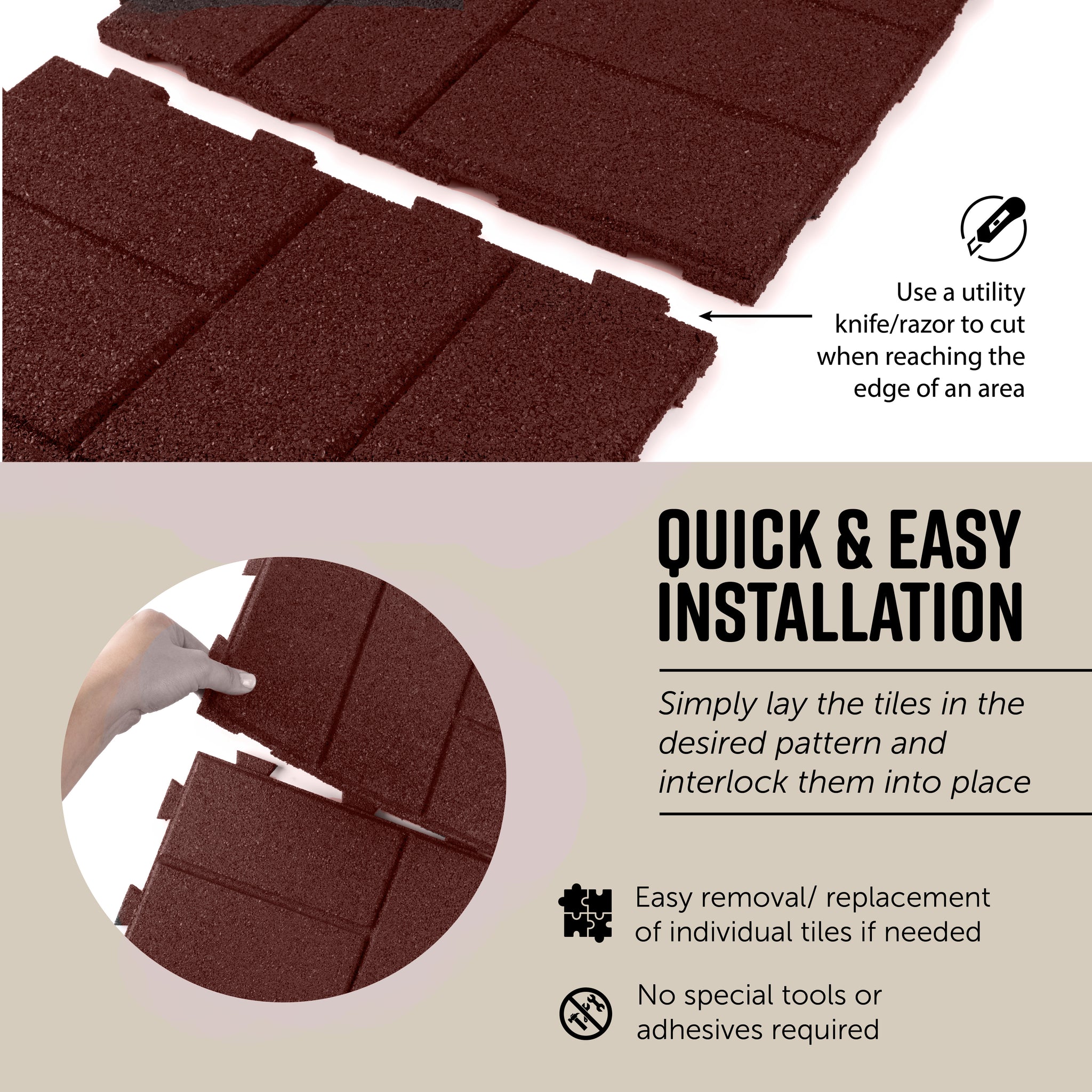 Brick Interlocking Rubber Paver Tile - RubberMulch.com