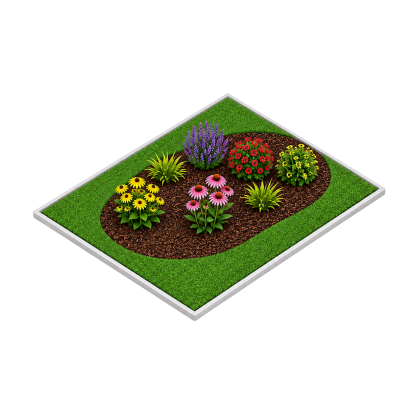 Isometric illustration of a flower bed mulched with rubber mulch